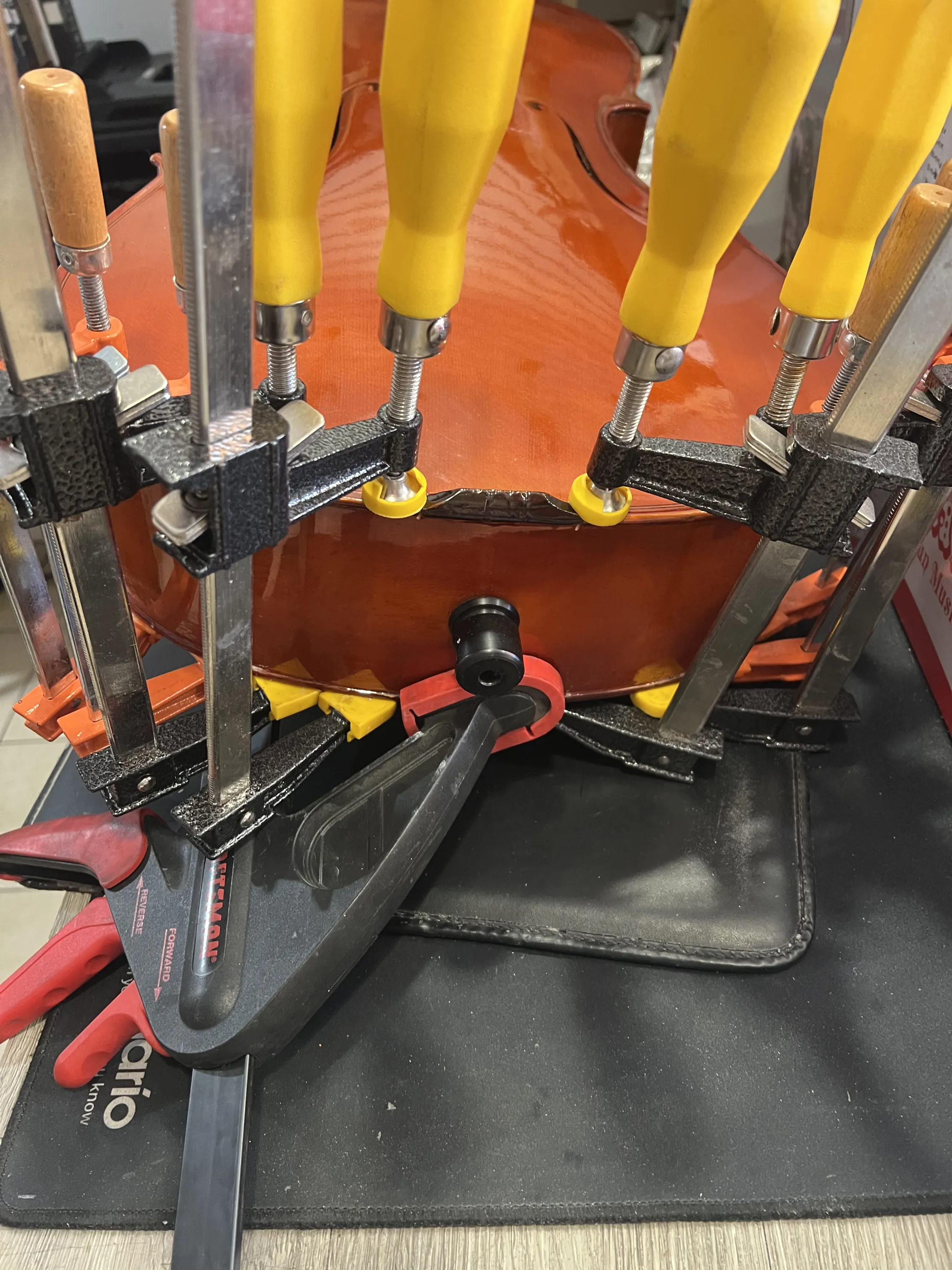 Close-up of clamps holding a violin body together during regluing